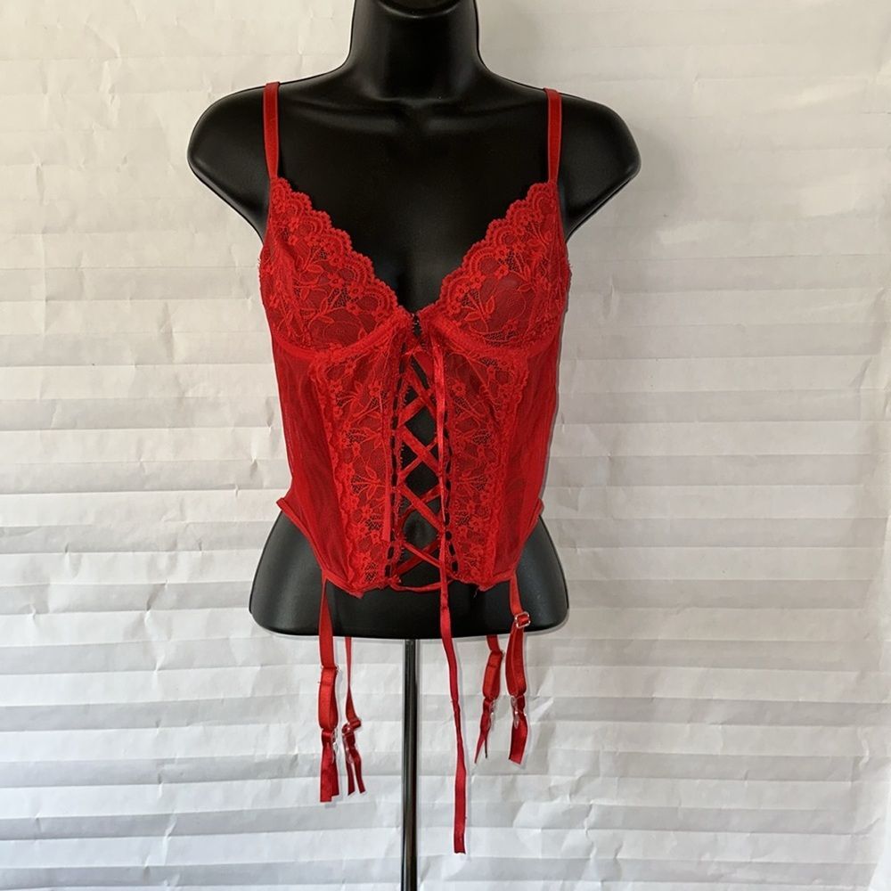 Mayela Women’s Red Lace Bustier Corset with Garters Size M Lingerie